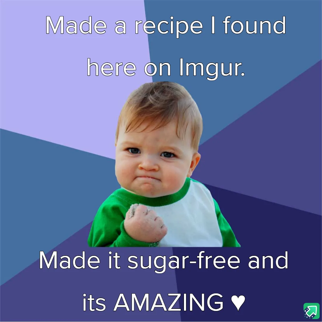 A baby with a smug, self-satisfied expression, wearing a green and white shirt, is shown against a geometric purple and blue…