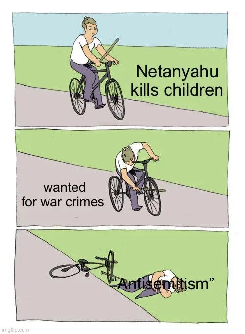 A three-panel comic strip shows a man on a bicycle. In the first panel, he rides while text says 'Netanyahu kills children'…