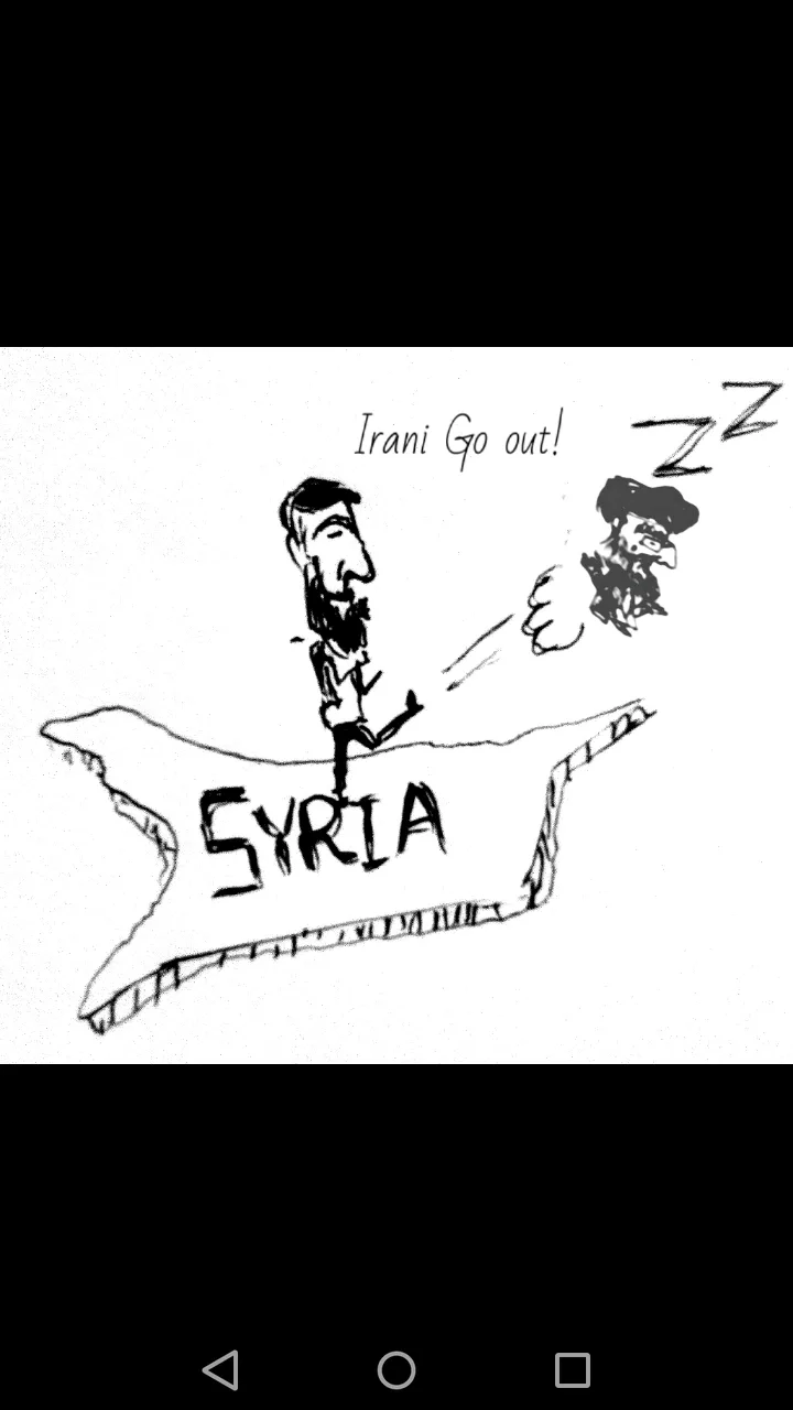 A black-and-white cartoon shows a man with a beard standing on a map labeled 'SYRIA' and punching another bearded man…