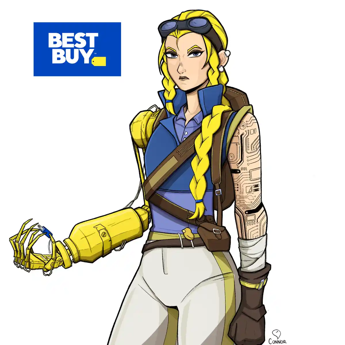 A cartoon woman with yellow braided hair and goggles has a yellow robotic arm holding a USB cable, while her other arm is a…