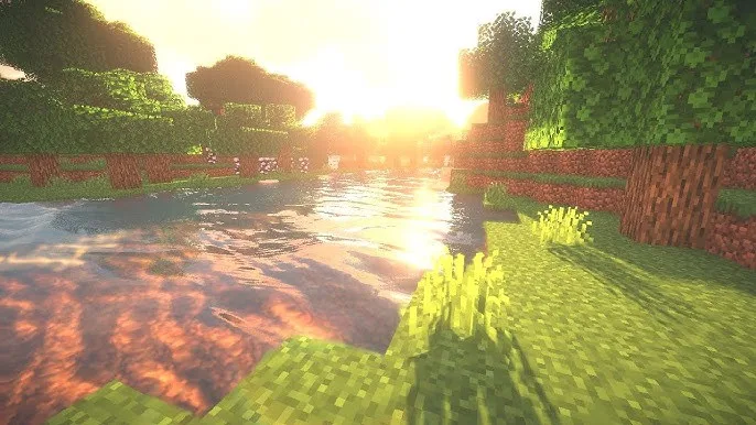 A screenshot from the game Minecraft showing a peaceful sunset over a river with blocky trees and grass. The overlaid text…