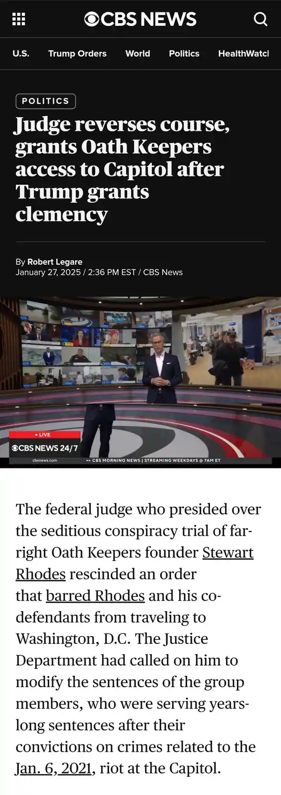 A screenshot of a CBS News article with a headline reading 'Judge reverses course, grants Oath Keepers access to Capitol…