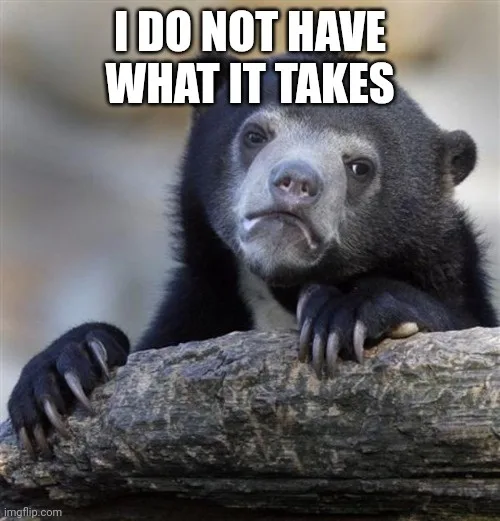 A black bear with a sad, defeated expression rests its paws on a log, looking downcast. The text overlaid in bold white…