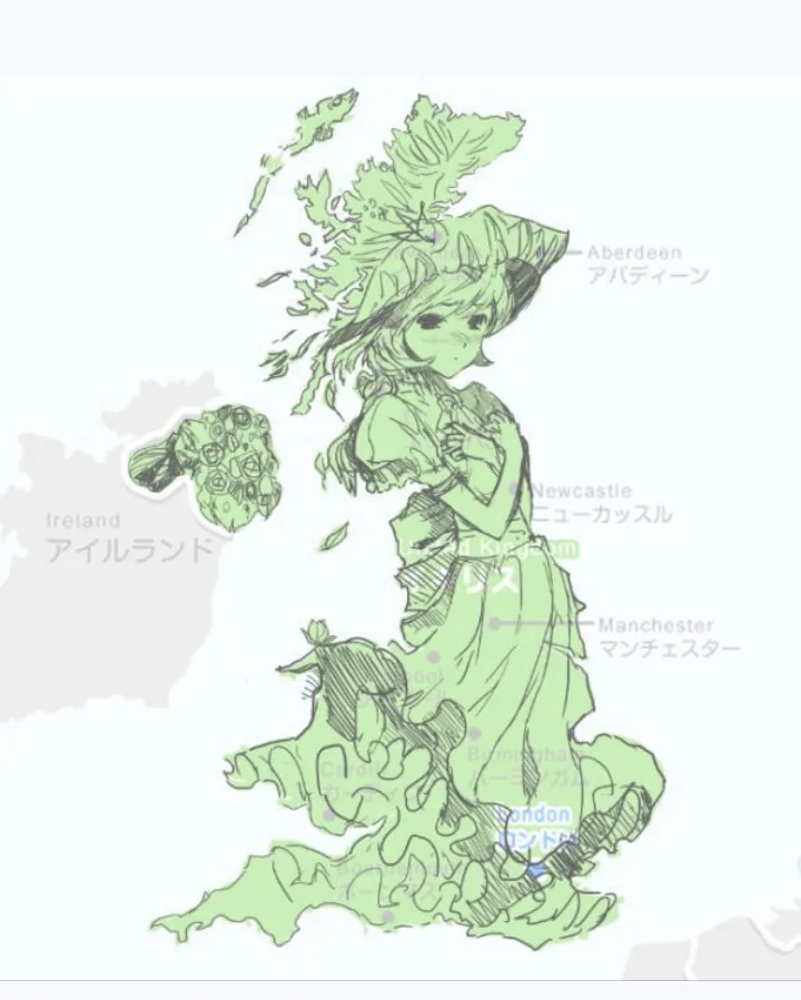 A green-toned anime-style illustration depicts a young girl whose body and hair are formed from the geographical outline of…