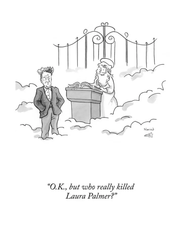 A black-and-white cartoon depicts a man in a suit standing before a bearded, robed figure resembling a deity at a podium…