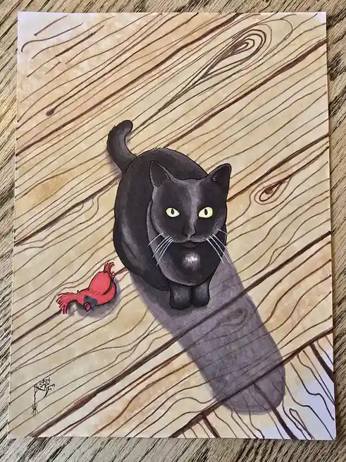 A watercolor painting depicts a black cat with glowing yellow eyes sitting on a wooden floor, looking down at a small red…