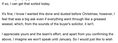 A screenshot of a formal email with a sarcastic, overly polite tone, overlaid with text that reads 'If so, I can get that…