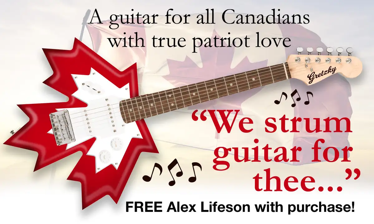 An electric guitar shaped like a red maple leaf is displayed against a Canadian flag background. The guitar's headstock is…