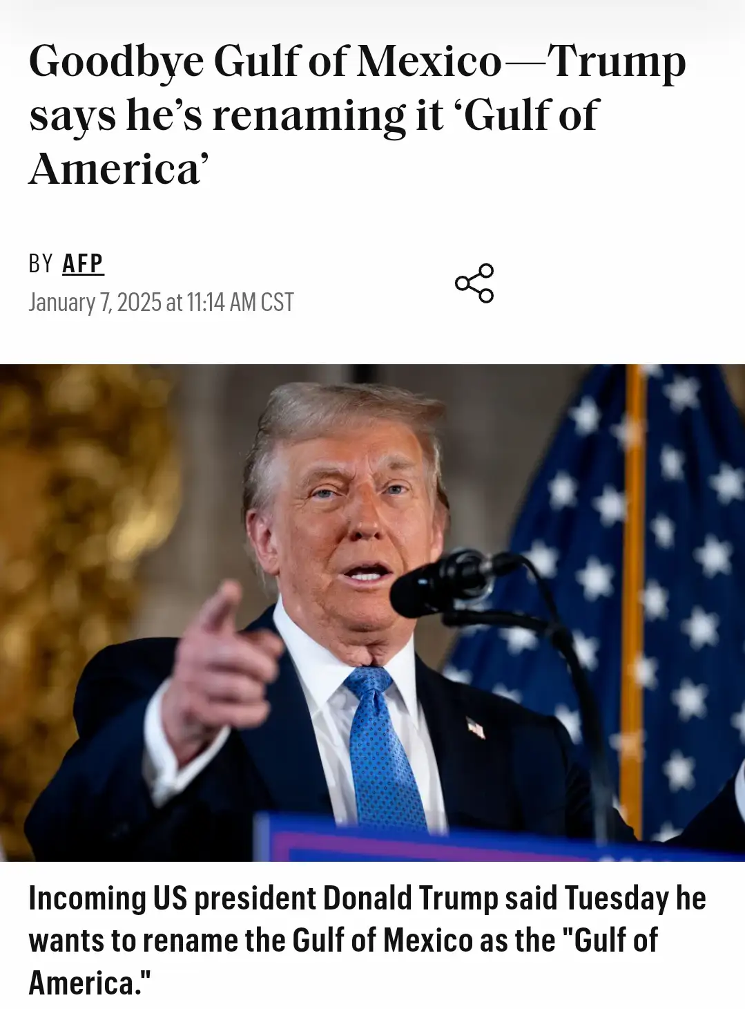 A screenshot of a fake news article from AFP dated January 7, 2025, featuring a photo of Donald Trump speaking at a podium…