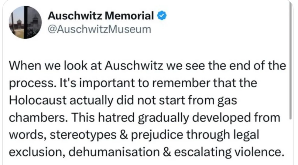 A screenshot of a tweet from the official Auschwitz Memorial account (@AuschwitzMuseum) displaying a historical educational…