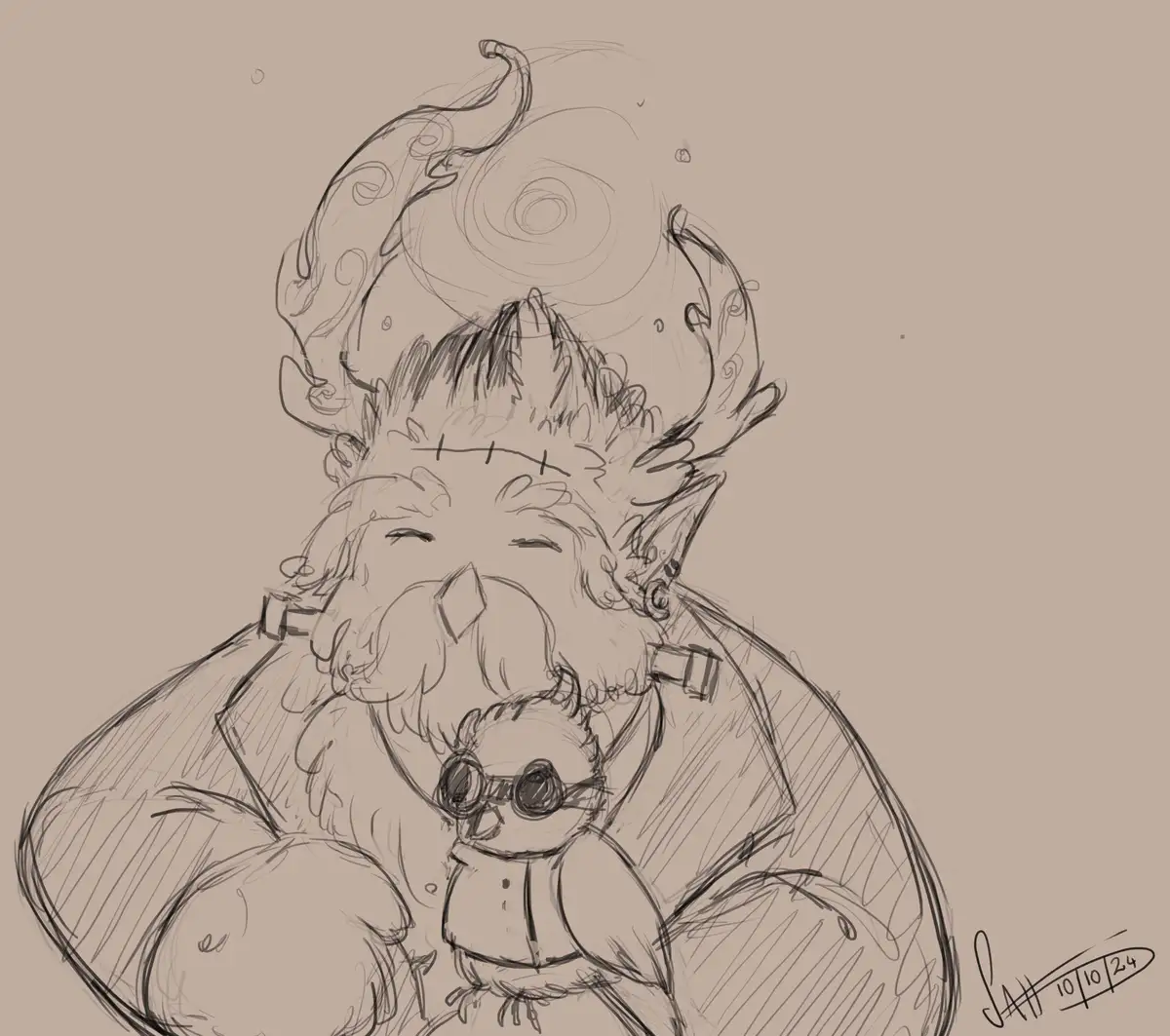 A sketch of a large, bearded, horned figure with a joyful expression, holding a small owl-like creature wearing goggles. The…