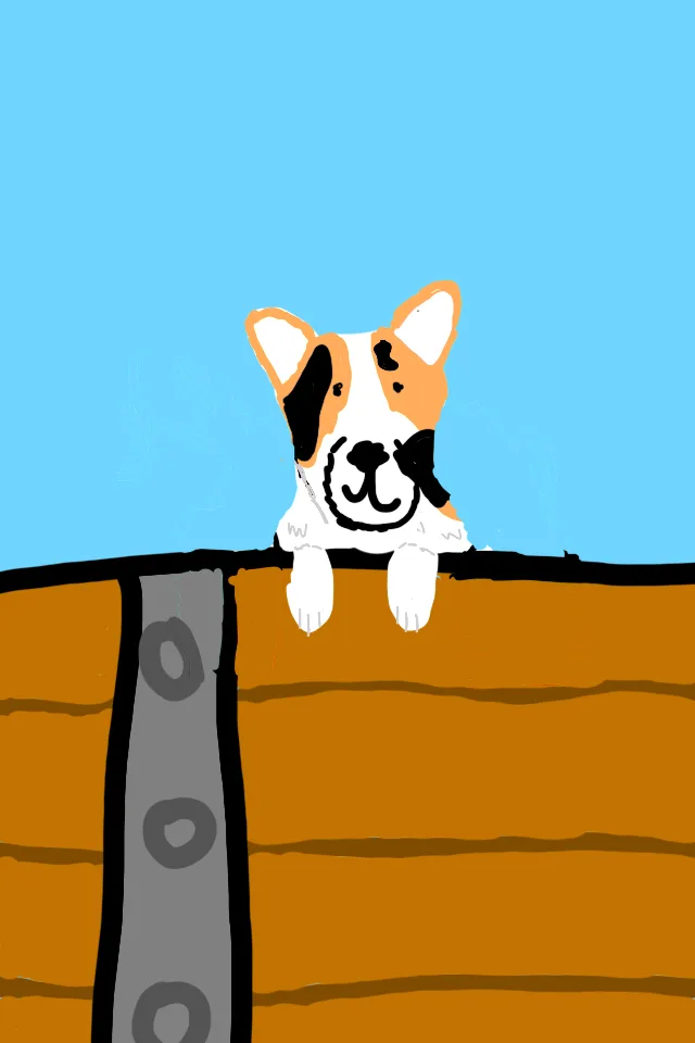 A cartoon corgi with black and tan markings peeks over a brown wooden fence against a blue sky, with its paws dangling down…