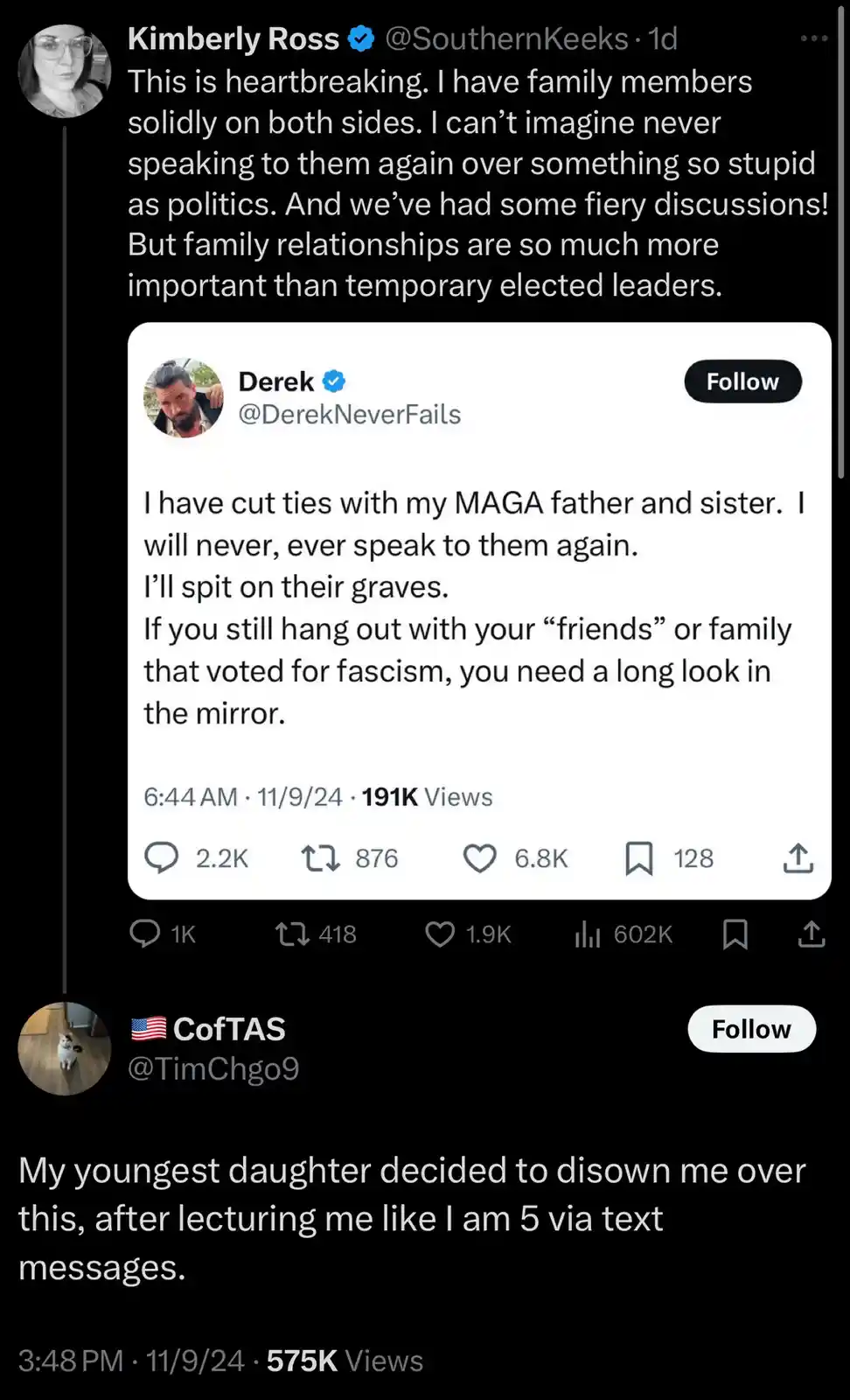 A screenshot of a Twitter thread shows a tweet from Derek (@DerekNeverFails) declaring he cut ties with his MAGA-supporting…