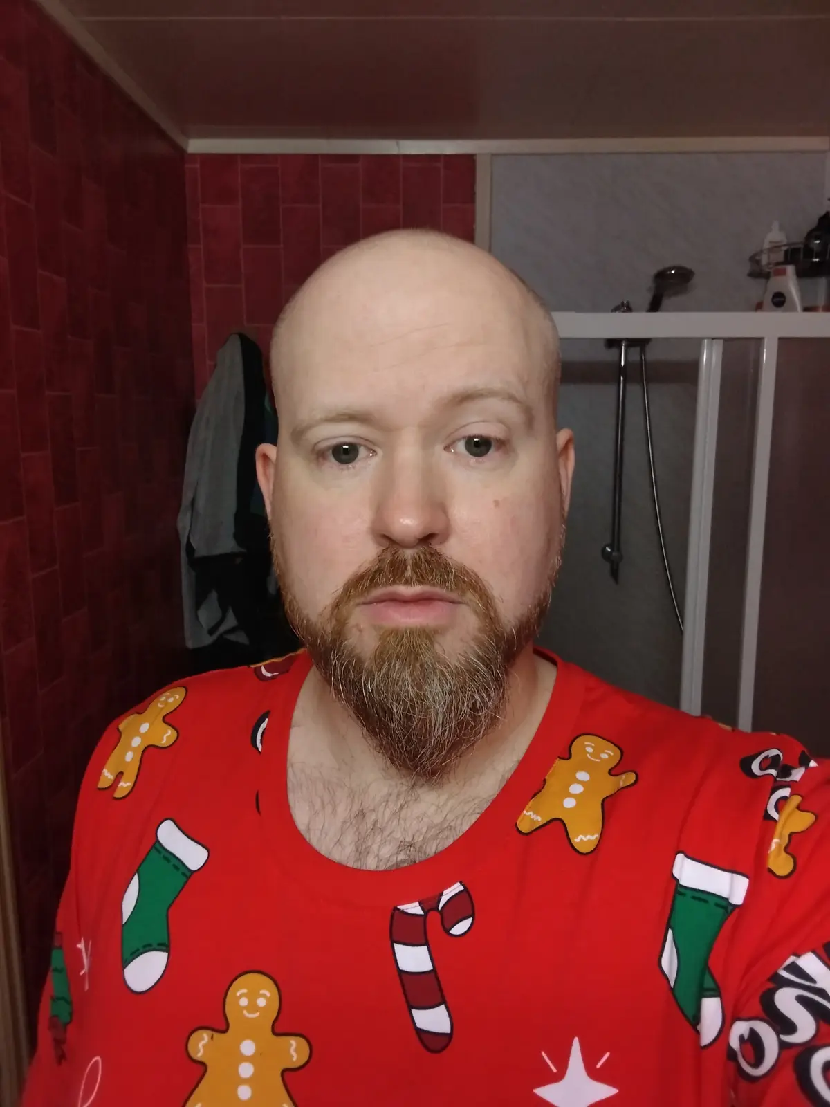 A bald man with a reddish-brown beard and mustache stares directly at the camera with a neutral expression. He is wearing a…