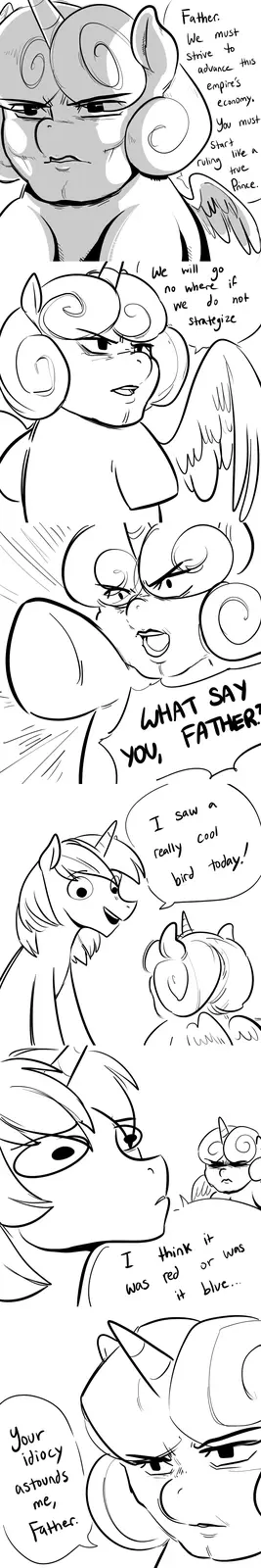 A black-and-white comic strip featuring stylized pony characters. A stern, winged pony father is lectured by his daughter…