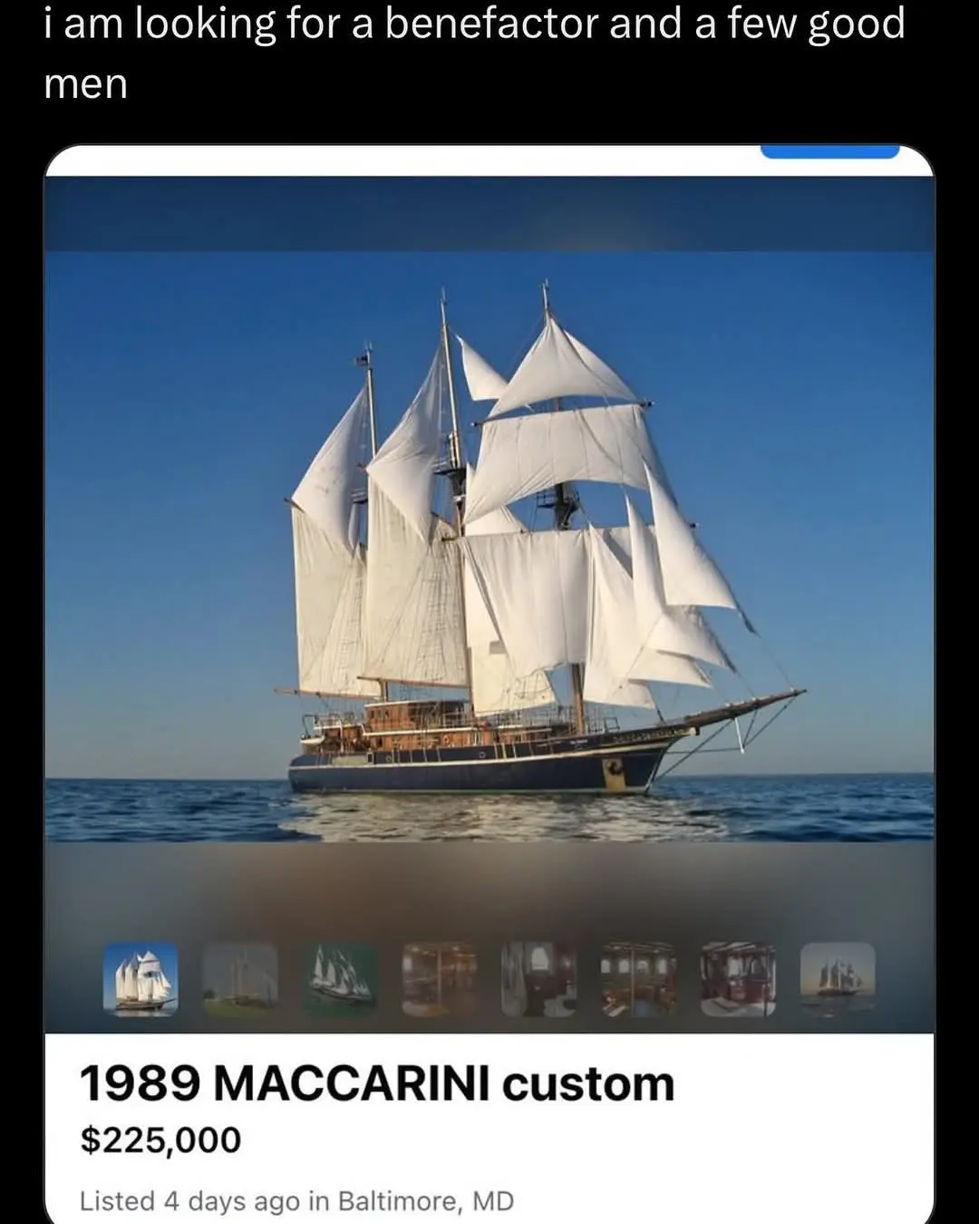 A screenshot of a smartphone listing for a 1989 MacCariNi custom sailboat priced at $225,000, shown sailing on the ocean…