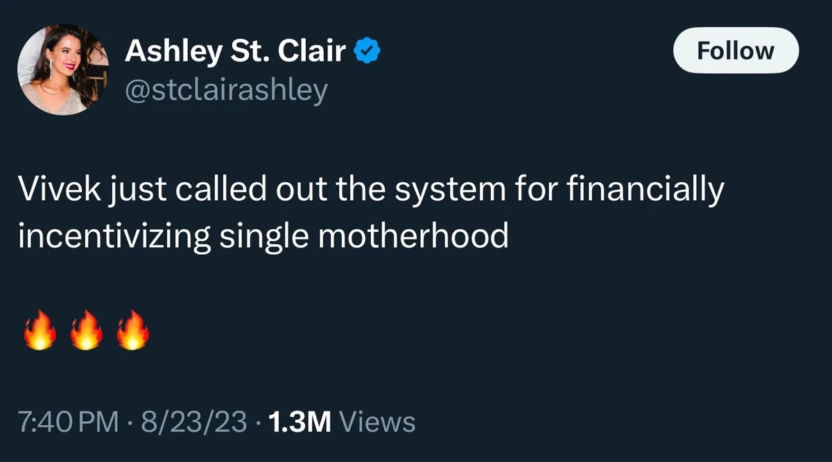 A screenshot of a tweet by verified user Ashley St. Clair (@stclairashley) showing her tweet text 'Vivek just called out the…