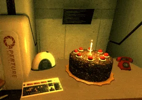 six identical images from the video game 'Portal' show a birthday cake with one lit candle on a desk next to a keyboard, a…
