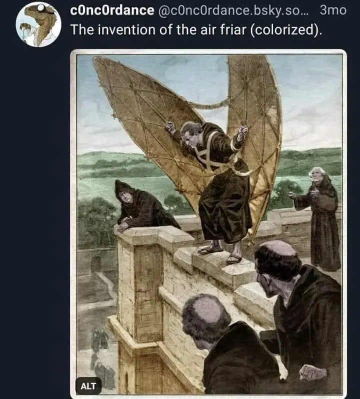 An old, sepia-toned illustration depicts a monk in a dark robe standing on a stone rooftop, wearing large, handmade wings…