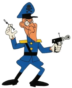 A cartoon police officer in a blue uniform with a skull-and-crossbones hat holds two pistols, one in each hand, with a…