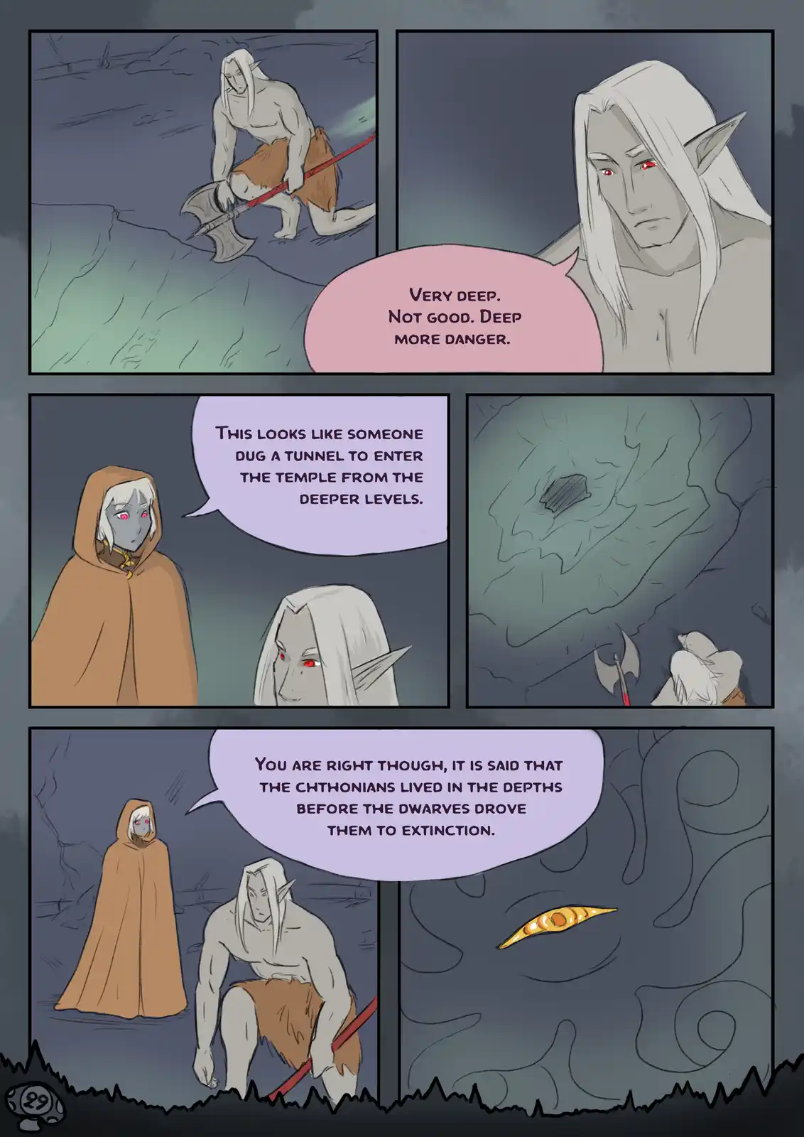 A comic strip shows two fantasy characters, one with red eyes and a hooded companion, exploring a dark cave. The first…