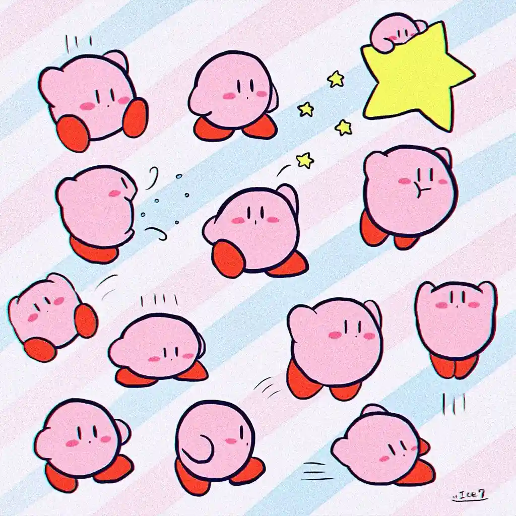 The image shows multiple cartoon depictions of the pink character Kirby floating and moving in various poses against a…