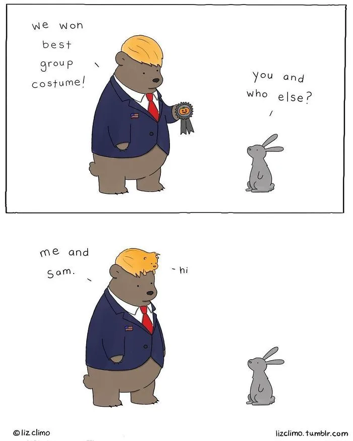 A two-panel comic shows a bear with a blonde wig and suit holding a 'best group costume' award, telling a rabbit 'we won…