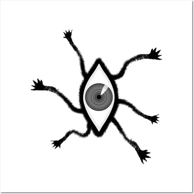 A black-and-white illustration of a stylized eye with six spindly, clawed limbs extending outward, set against a plain white…
