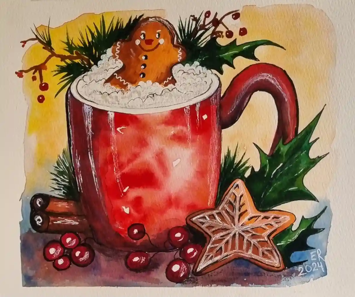A watercolor painting of a festive red mug filled with a hot beverage, topped with whipped cream and a smiling gingerbread…
