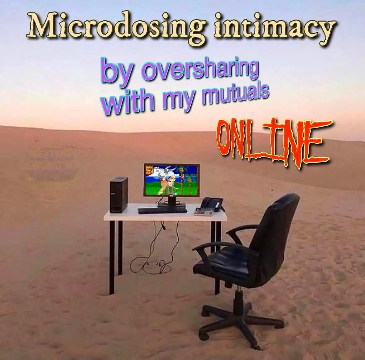 An office desk with a computer and chair sits alone in a vast desert under a twilight sky. The computer screen displays a…