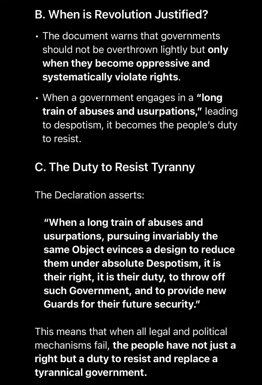 The image displays white text on a black background, excerpting a document that outlines when revolution is justified…