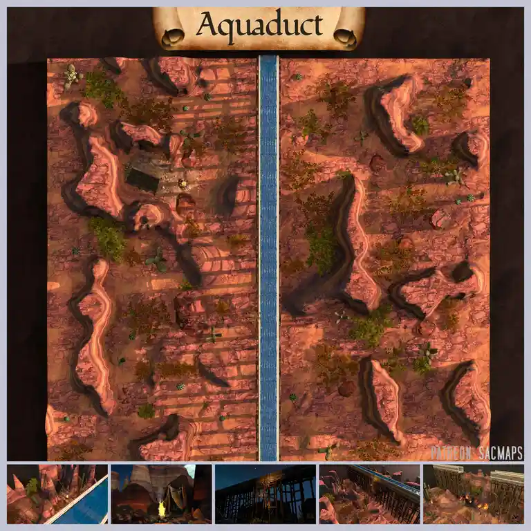 An overhead view of a desert map with a long, narrow aqueduct running vertically down the center, flanked by rocky terrain…