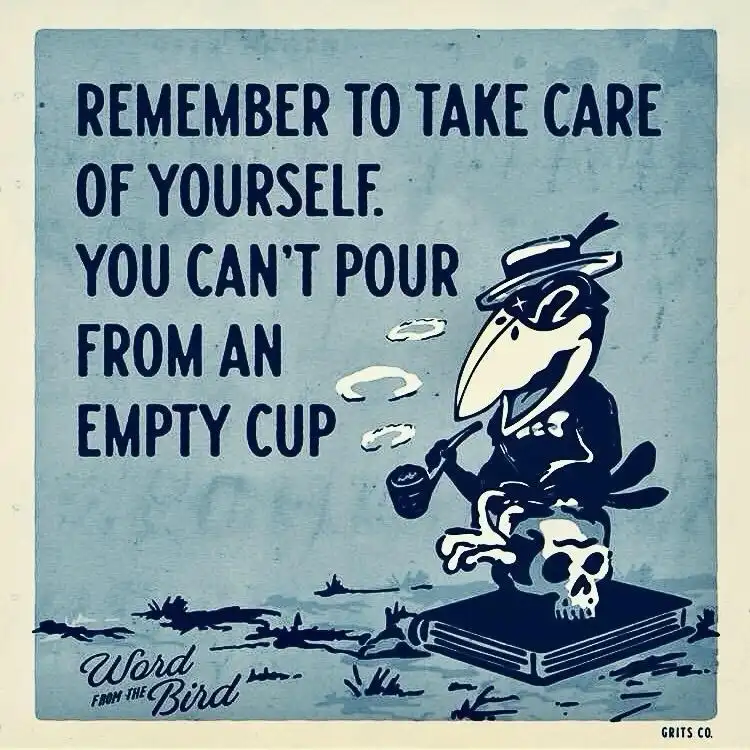 A vintage-style blue-toned illustration features a cartoon bird wearing a hat and smoking a pipe, perched atop a skull…