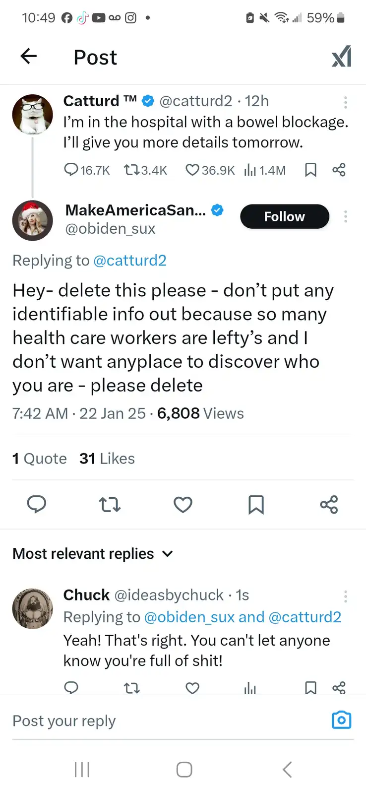 A screenshot of a Twitter/X post where user @catturd2 says they're in the hospital with a bowel blockage. A reply from…