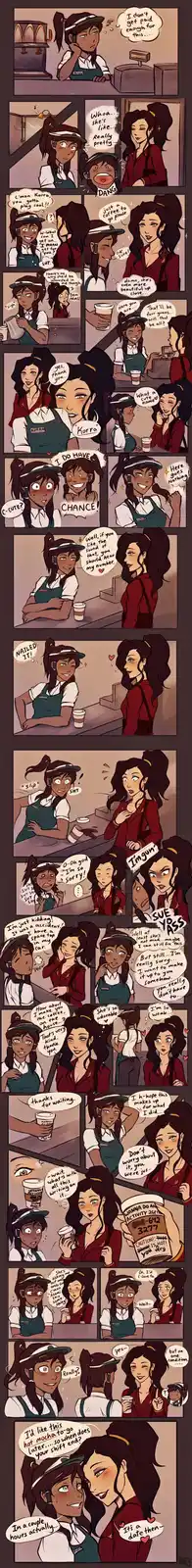 A comic strip depicts a young woman working at a coffee shop who becomes infatuated with a customer named Korra. She…