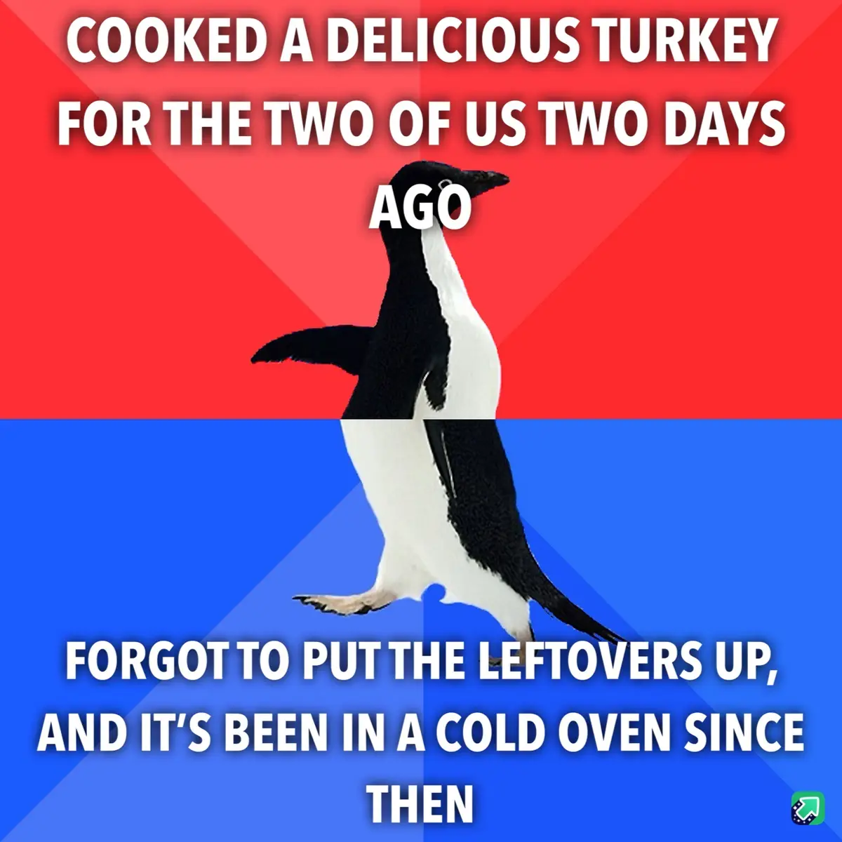 A penguin stands centered against a red and blue background, with white text overlaid in two sections. The top text reads…