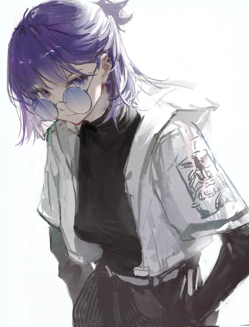 An anime-style illustration of a person with purple hair and round glasses, wearing a white jacket over a black shirt…