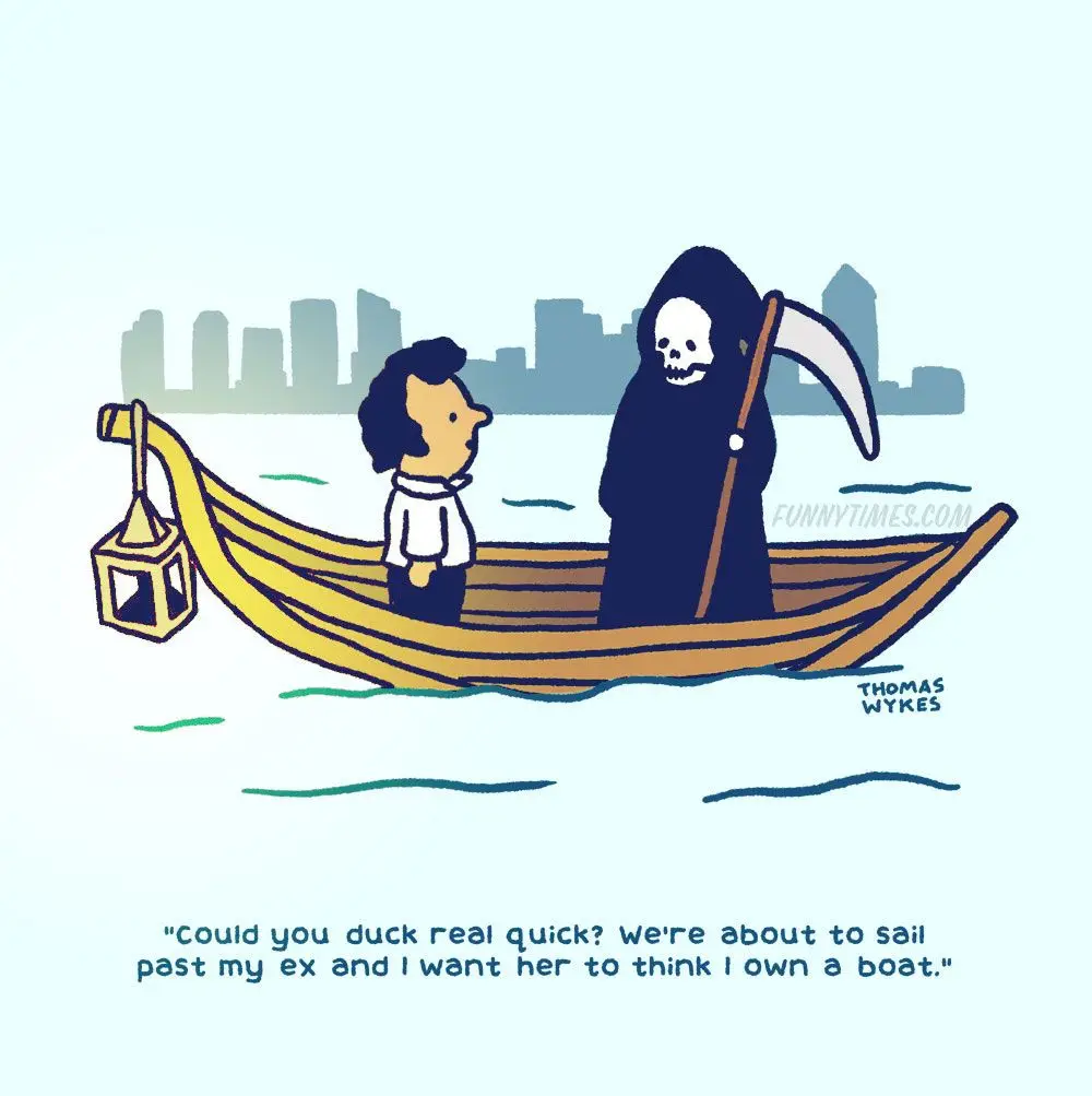 A cartoon depicts a man and the Grim Reaper in a gondola on water with a city skyline in the background. The man, looking…