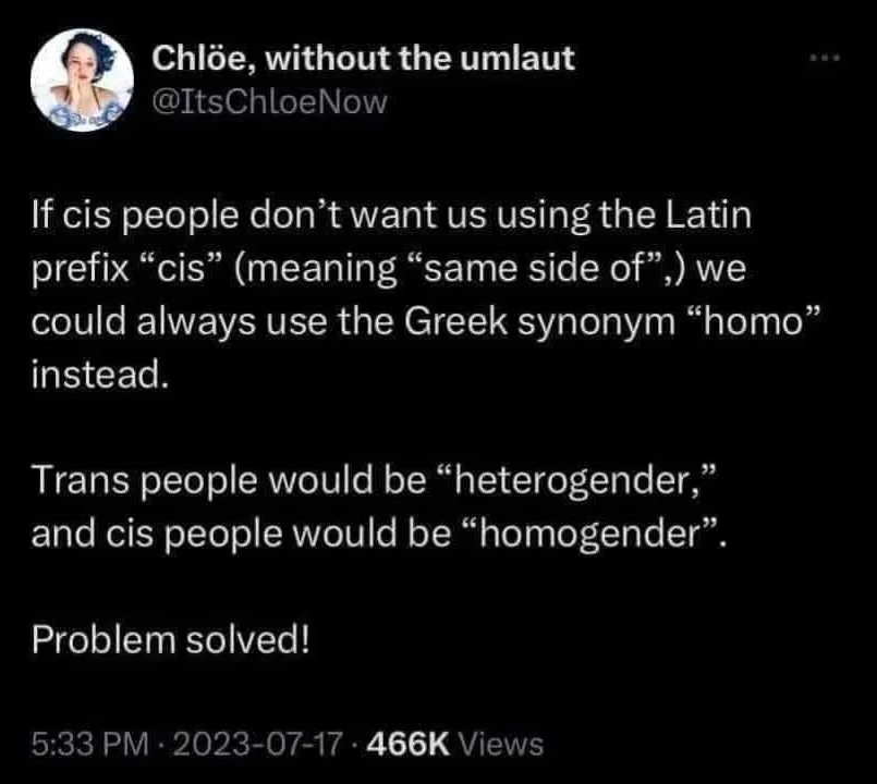 A screenshot of a tweet by user @ItsChloeNow, featuring a black background with white text. The tweet humorously proposes…