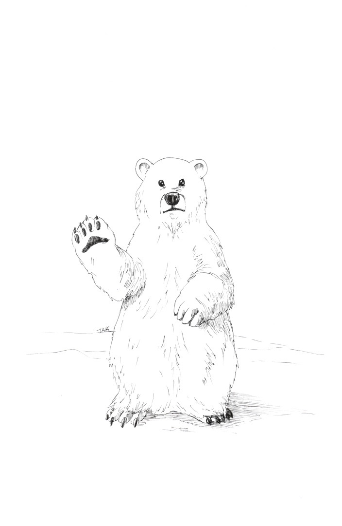A black-and-white line drawing shows a polar bear standing upright on its hind legs, waving its right paw with a slightly…