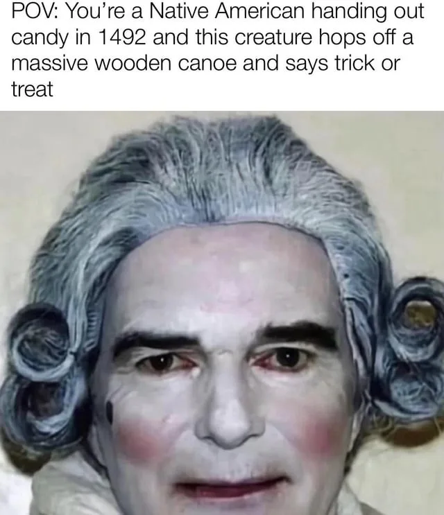 The image shows a close-up of a man with gray, powdered wig and makeup resembling a historical figure, possibly a…