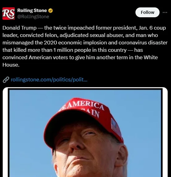 A screenshot of a Rolling Stone tweet featuring a photo of Donald Trump wearing a red 'MAKE AMERICA GREAT AGAIN' cap against…