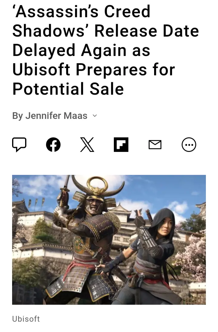 A screenshot of a news article headline about 'Assassin's Creed Shadows' release delay, overlaid on an image from the game…