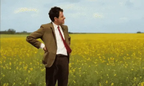 A man in a brown suit, white shirt, and red tie stands in a field of yellow flowers. He initially has his hands on his hips…