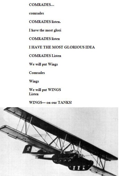 A black-and-white photo of a biplane with a tank mounted on its lower wing. Overlaid text in varying font sizes and…