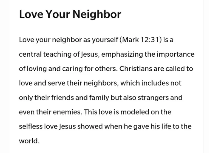 A plain white background displays black text explaining the biblical commandment 'Love Your Neighbor as Yourself (Mark…