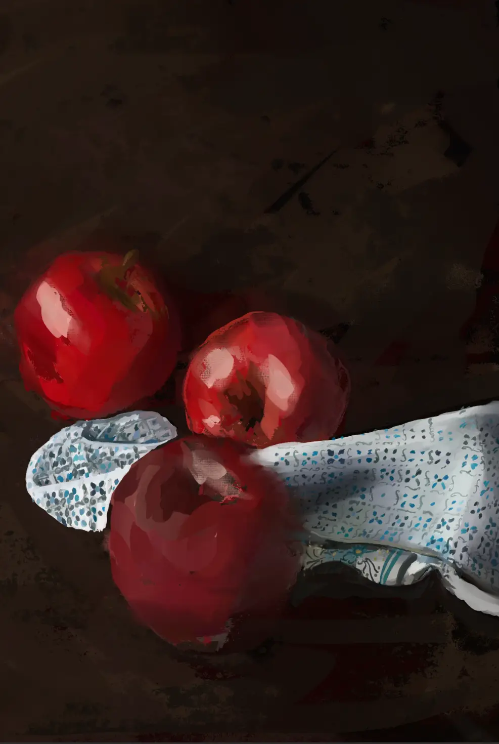A digital painting of three red tomatoes resting on a dark, textured surface, with a white cloth patterned with blue and…