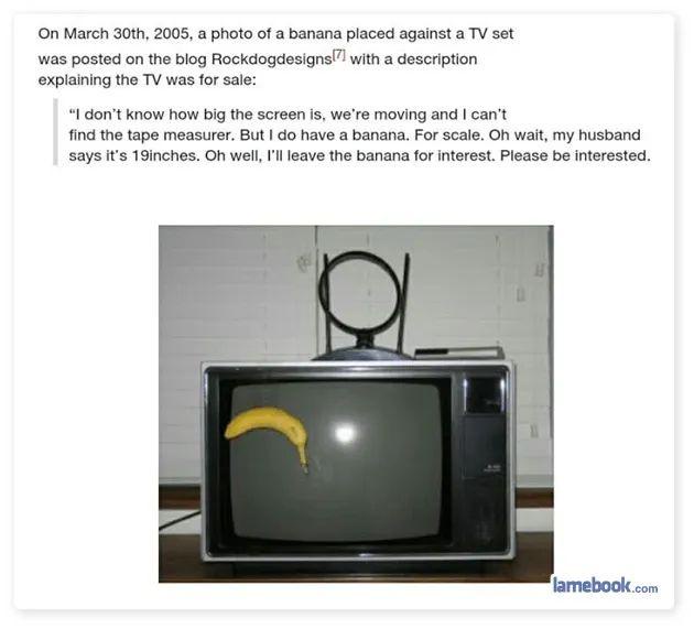 An old, boxy television set with a banana placed against its screen for scale, as described in a blog post from March 30…