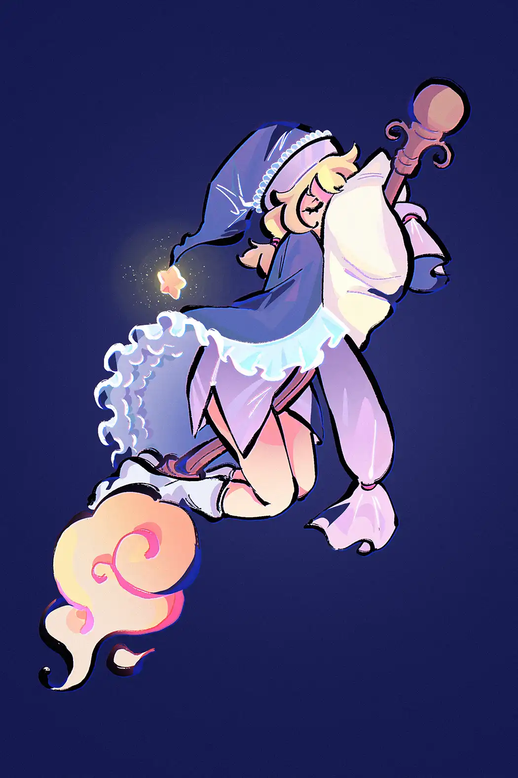 An anime-style girl in a blue nightgown and nightcap is asleep while riding a broomstick, clutching a pillow, with a glowing…