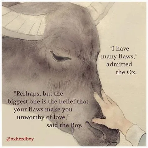 A watercolor-style illustration shows a close-up of an ox's head with a human hand gently touching its muzzle. The ox has…